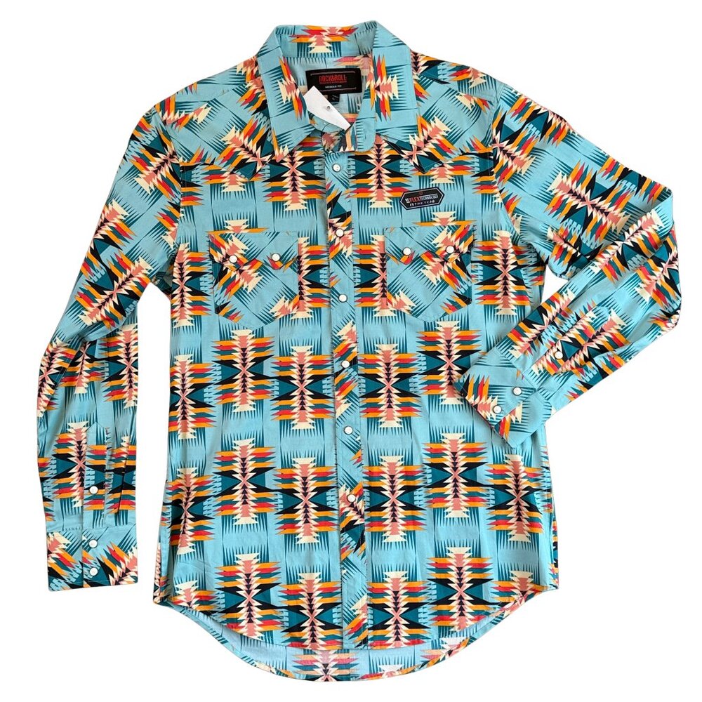 NEW Rock & Roll Denim Dale Brisby Aztec - Modern Fit - Woven Snap Shirt – Large